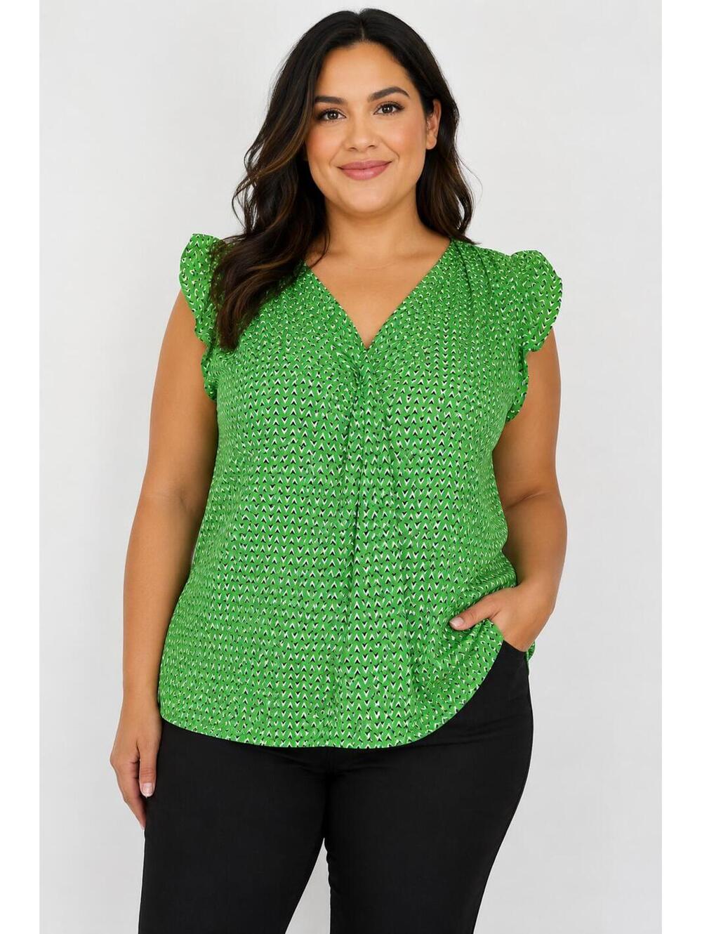 Worthington Green Geometric Flutter Sleeve Blouse L | Office Siren Editor Chic